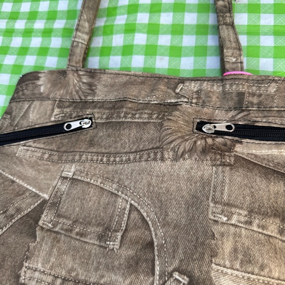 Brown Green Denim Print Nylon Shoulder Bag - Picture 3 of 4